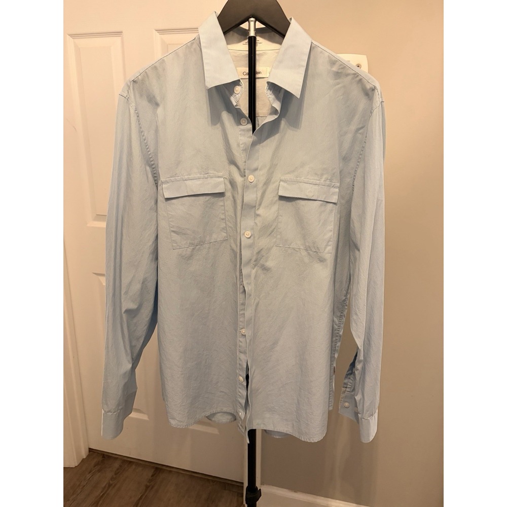 Calvin Klein Light Blue Vertical Pinstripe Button Down Dual Flap Pocket Shirt L